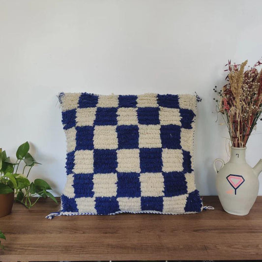 Moroccan Checkered Pillow Cover (Blue & White)