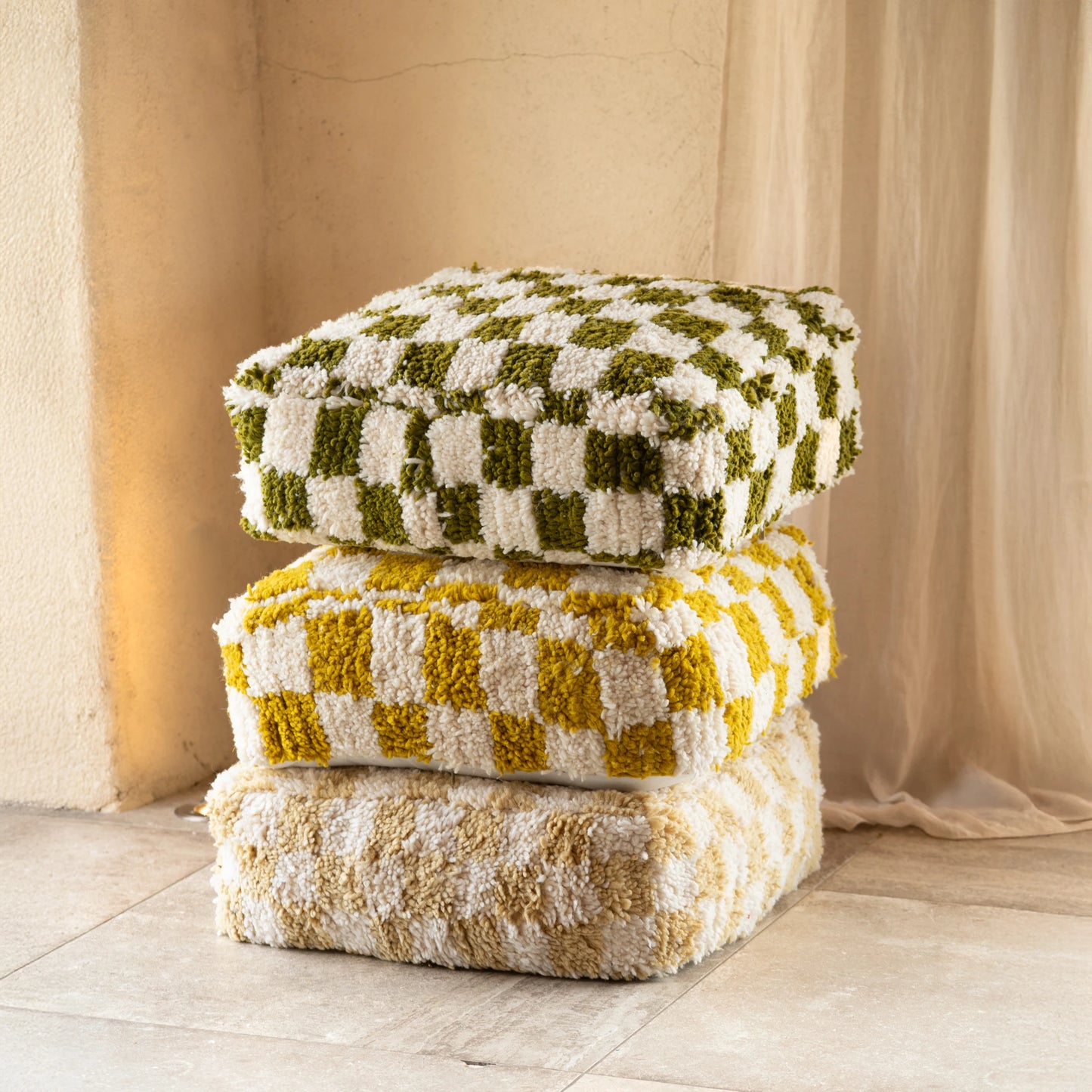 Checkered Wool Pouf - Square Moroccan Floor Cushion