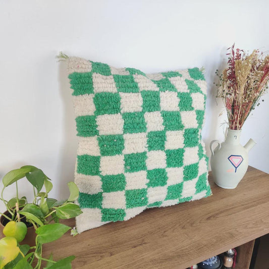 Moroccan Checkered Pillow Cover (Green & White)