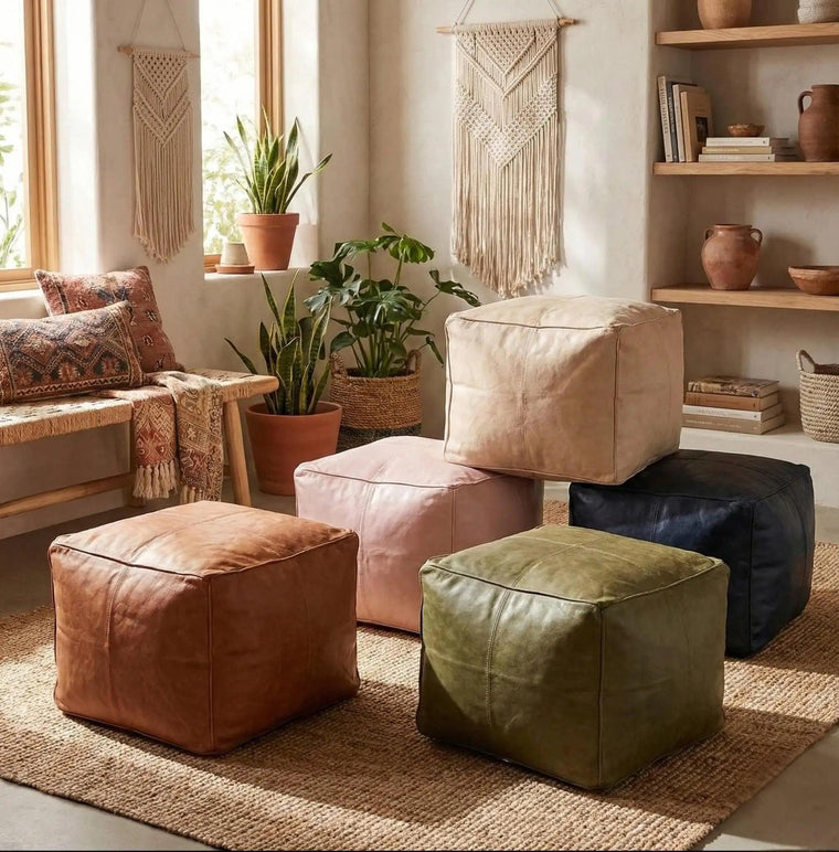 Handmade Leather Cube Footstool Boho Mogadoro