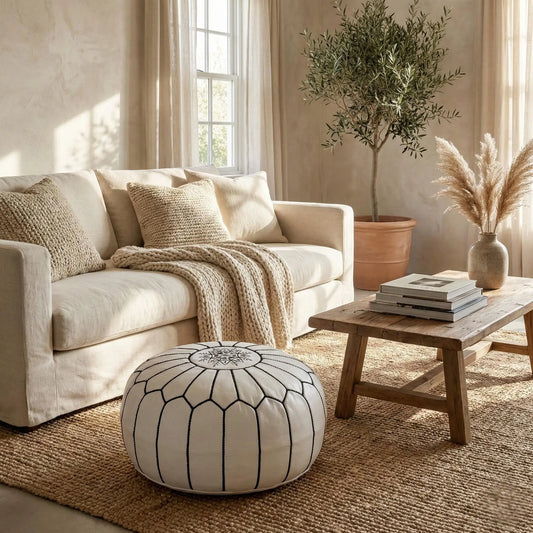 Handmade Moroccan leather pouf cover in White & Black Stitch, round ottoman footstool with hand-stitched seams