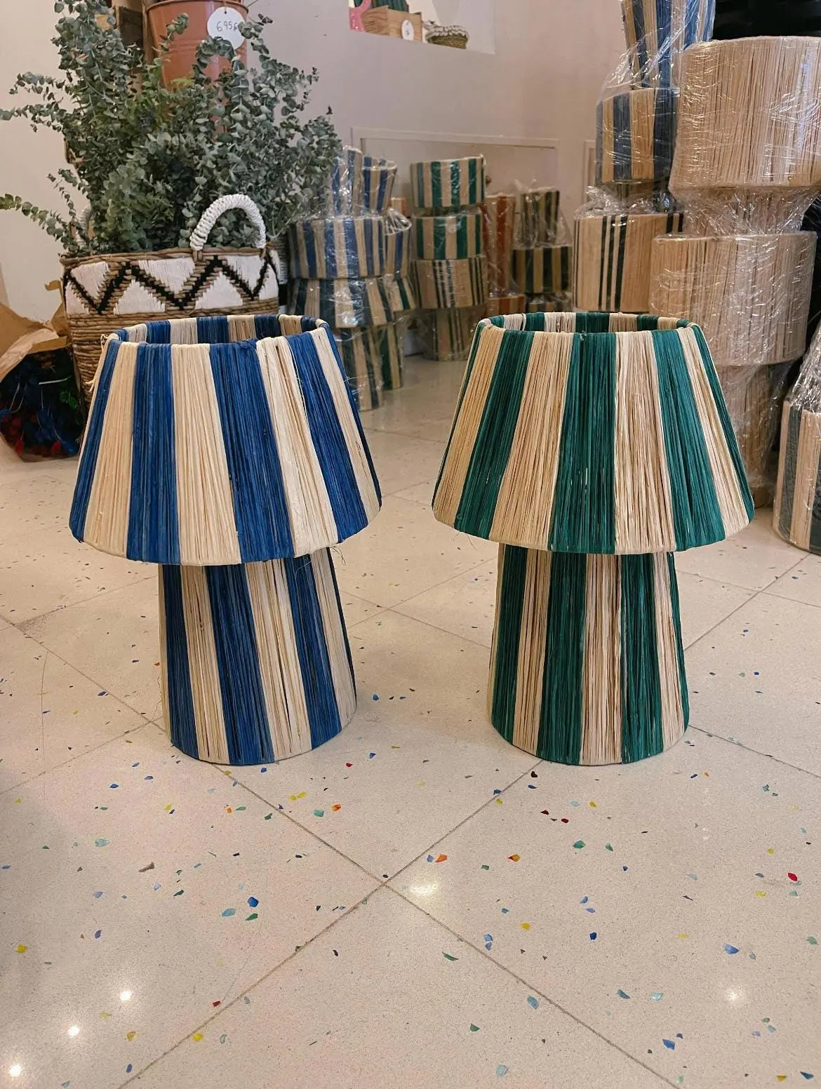 Striped raffia dome table lamp in green & blue, handwoven in Marrakech — Mogadoro