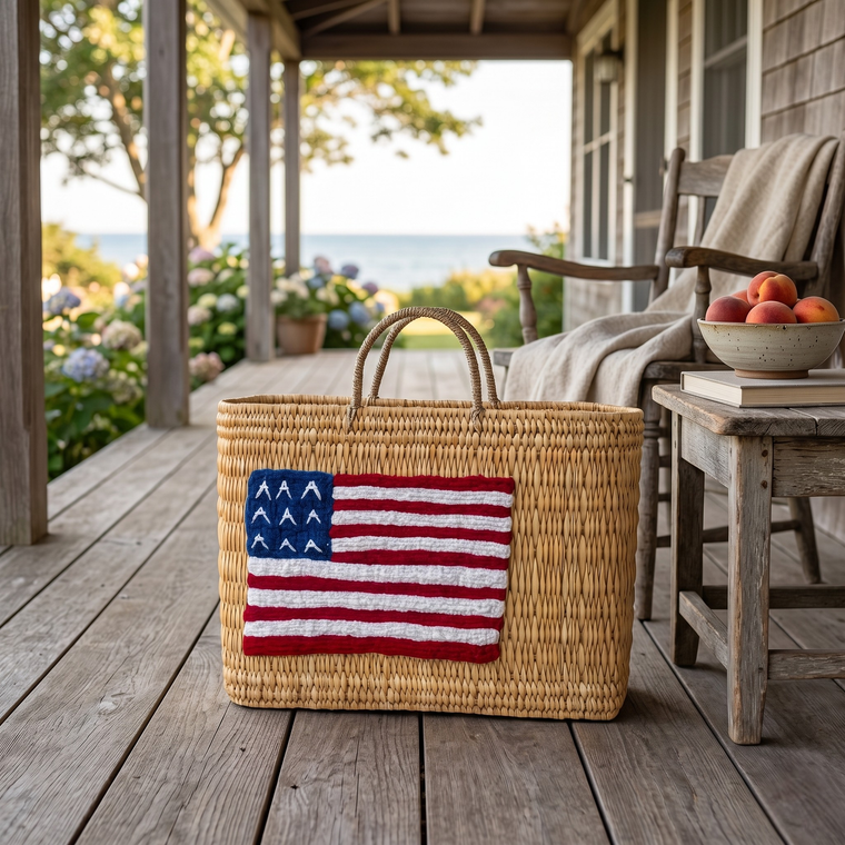 American Flag Straw Tote - Patriotic Rattan Market Basket