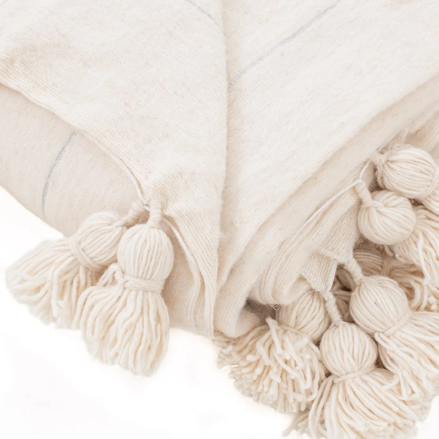 Natural & Silver Moroccan Pom Pom Blanket