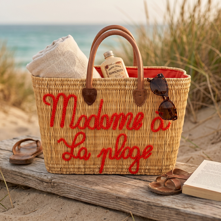 A woven straw beach tote bag with brown leather handles sits on a wooden dock at the beach, filled with a cream towel, a bottle of sunscreen, sunglasses, and a book. The bag has red embroidered text reading 'Madame a La plage'.