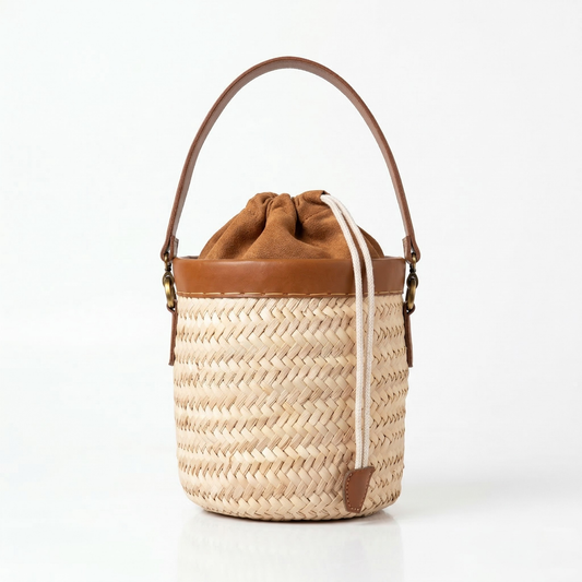 Mini Straw Bucket Bag with Leather Handle