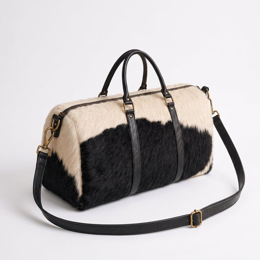 The Kasbah Holdall — Black & White Long-Hair Cowhide Duffle