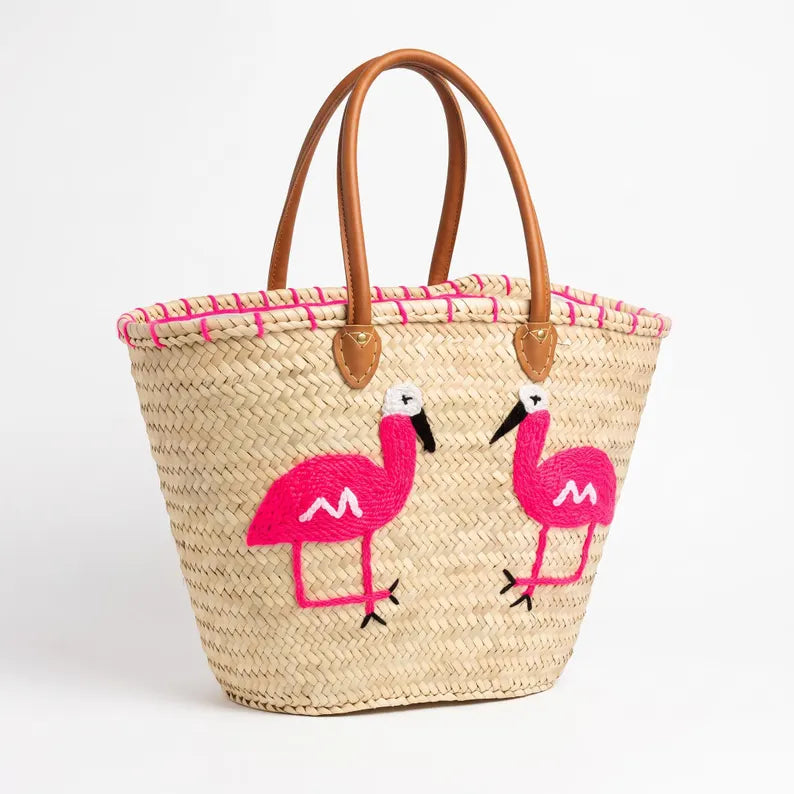 The Flamingo Basket — Hand-Embroidered Moroccan Straw Tote