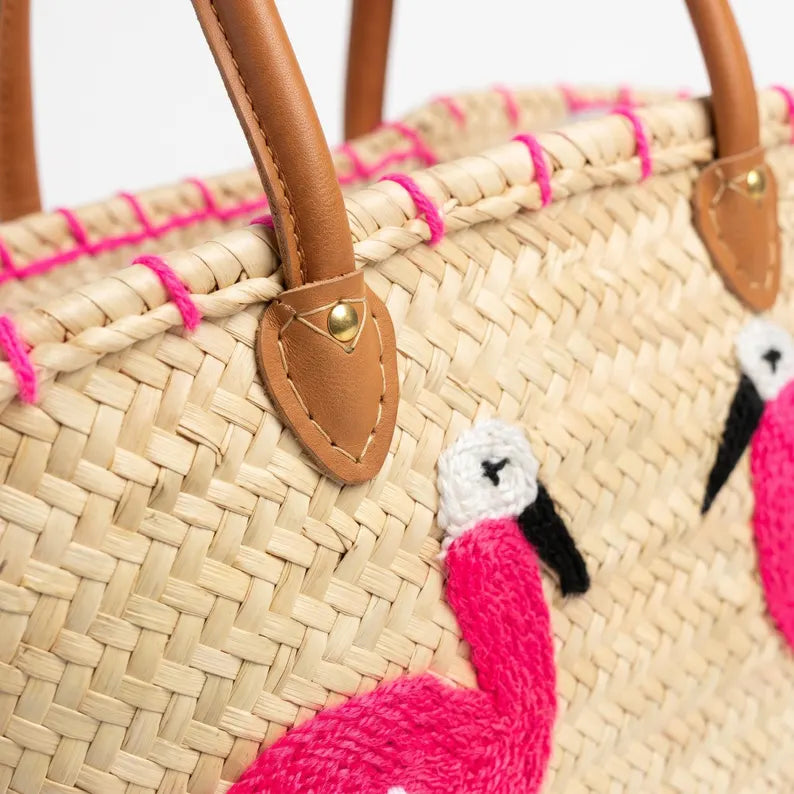 The Flamingo Basket — Hand-Embroidered Moroccan Straw Tote