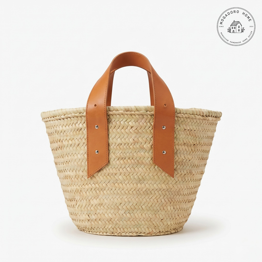 Straw Bag with Stylish Leather Handles - French Tote
