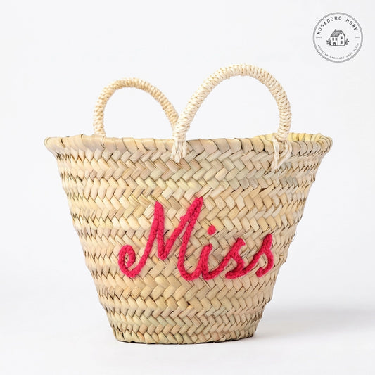 Personalized Mini Straw Basket with Pompoms