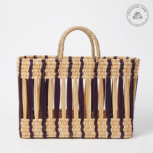 Colorful Striped Rattan Basket - Open Weave Market Tote