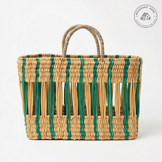 Colorful Striped Open Weave Rattan Market Basket