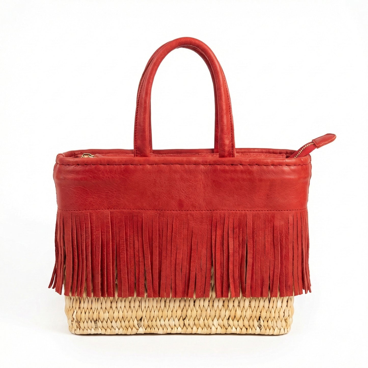 Red Leather Fringe Rattan Basket