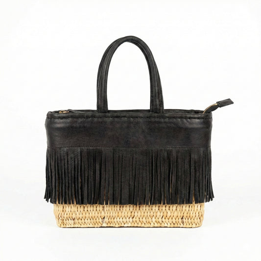 Black Leather Fringe Rattan Basket