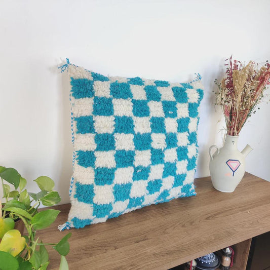 Moroccan Checkered Pillow Cover (Turquoise & White)