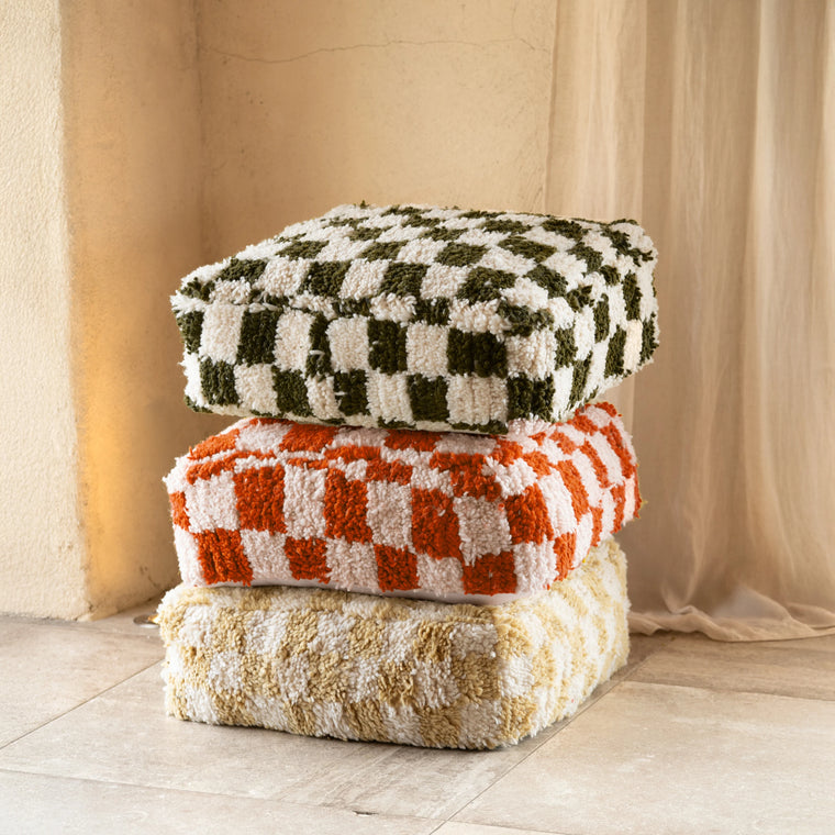Checkered Wool Pouf - Square Moroccan Floor Cushion