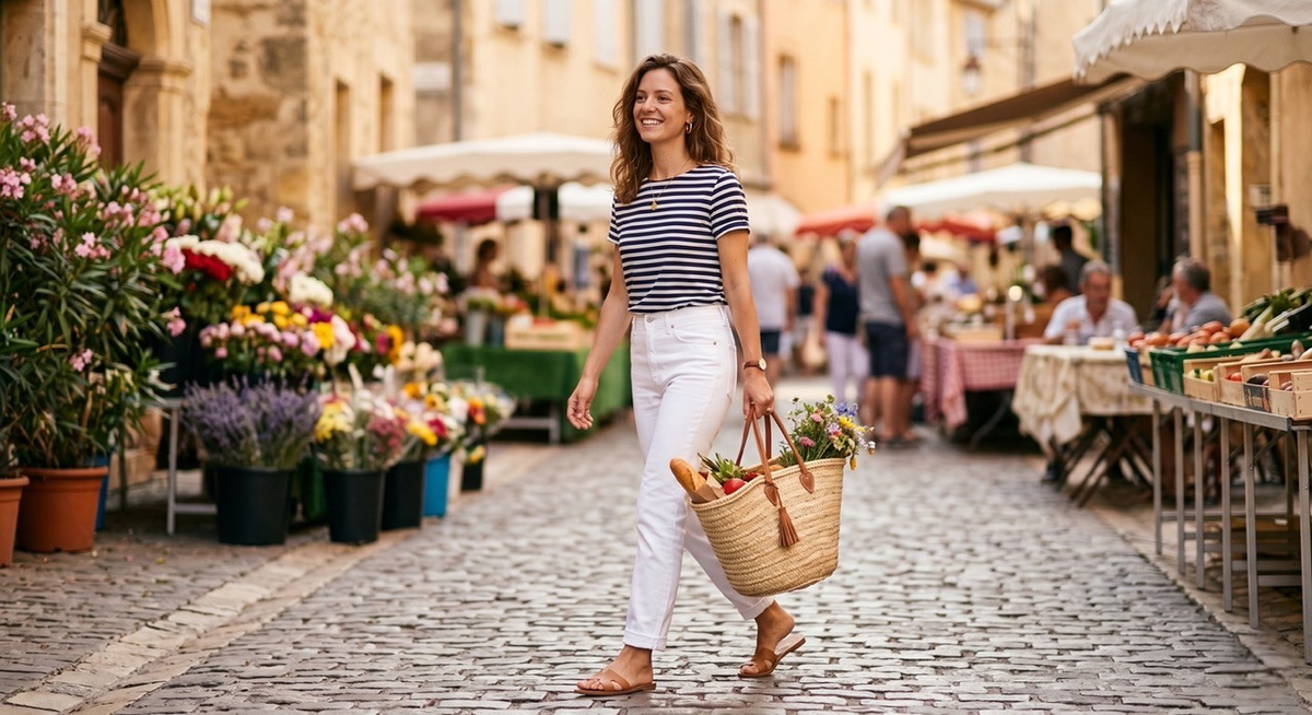 Woman carrying a hand-woven French market basket bag in a summer outfit
