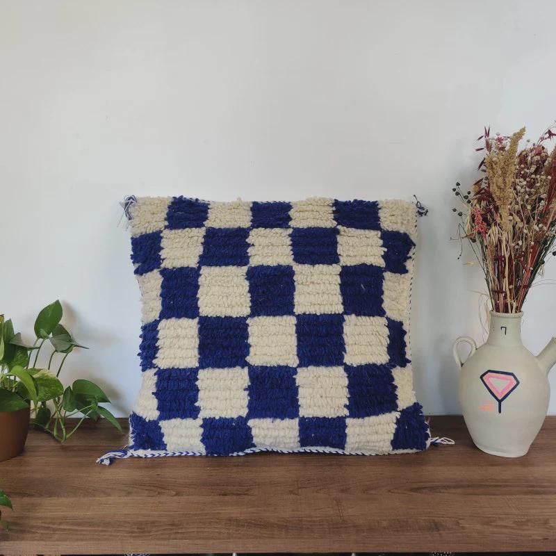 Moroccan Checkered Pillow Cover (Blue & White)
