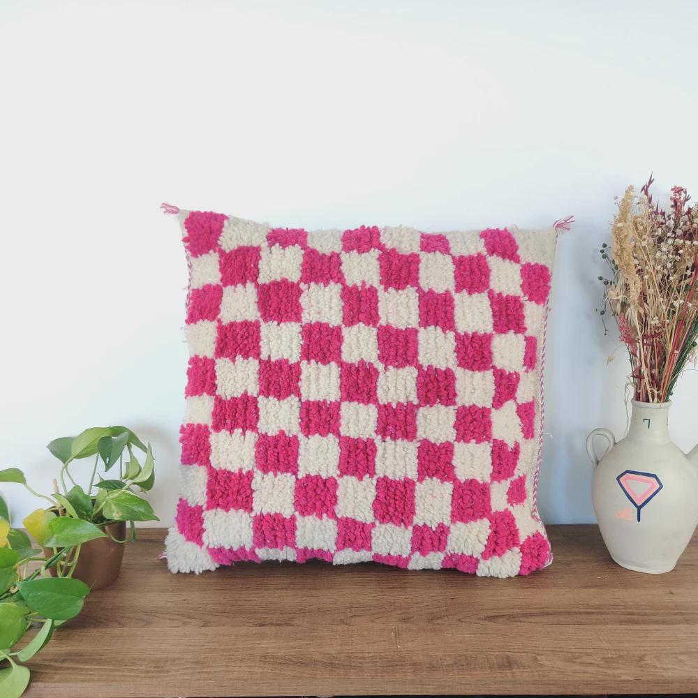 Moroccan Checkered Pillow Cover (Pink & White)