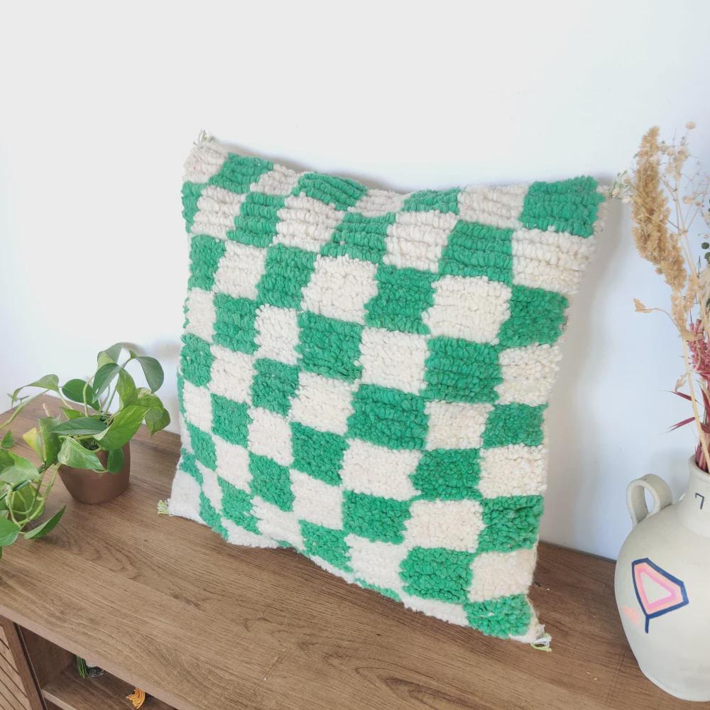Moroccan Checkered Pillow Cover (Green & White)