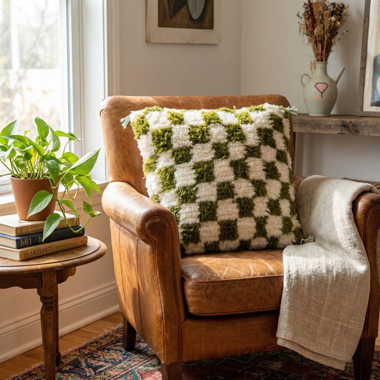 Moroccan Checkered Pillow Cover (Khaki & White)