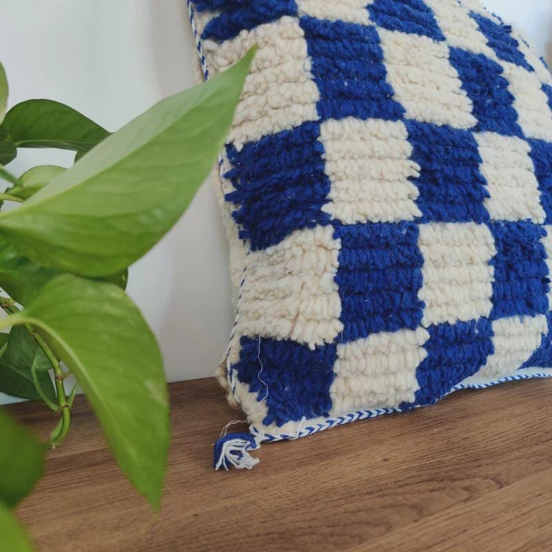 Moroccan Checkered Pillow Cover (Blue & White)