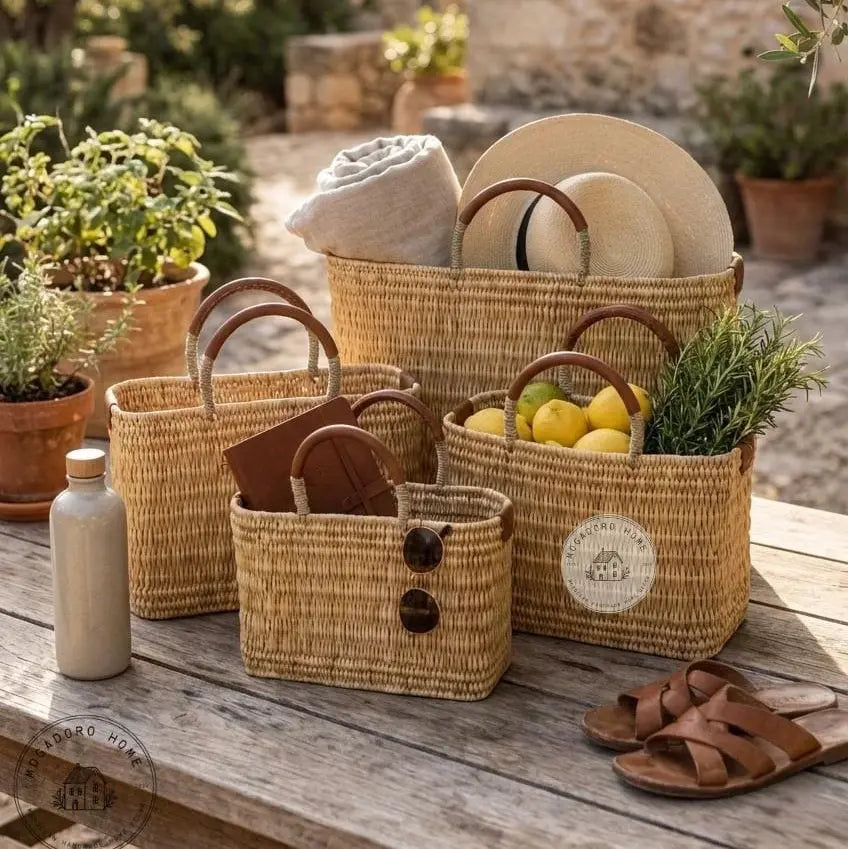 Set of woven baskets on a wooden table with outdoor background