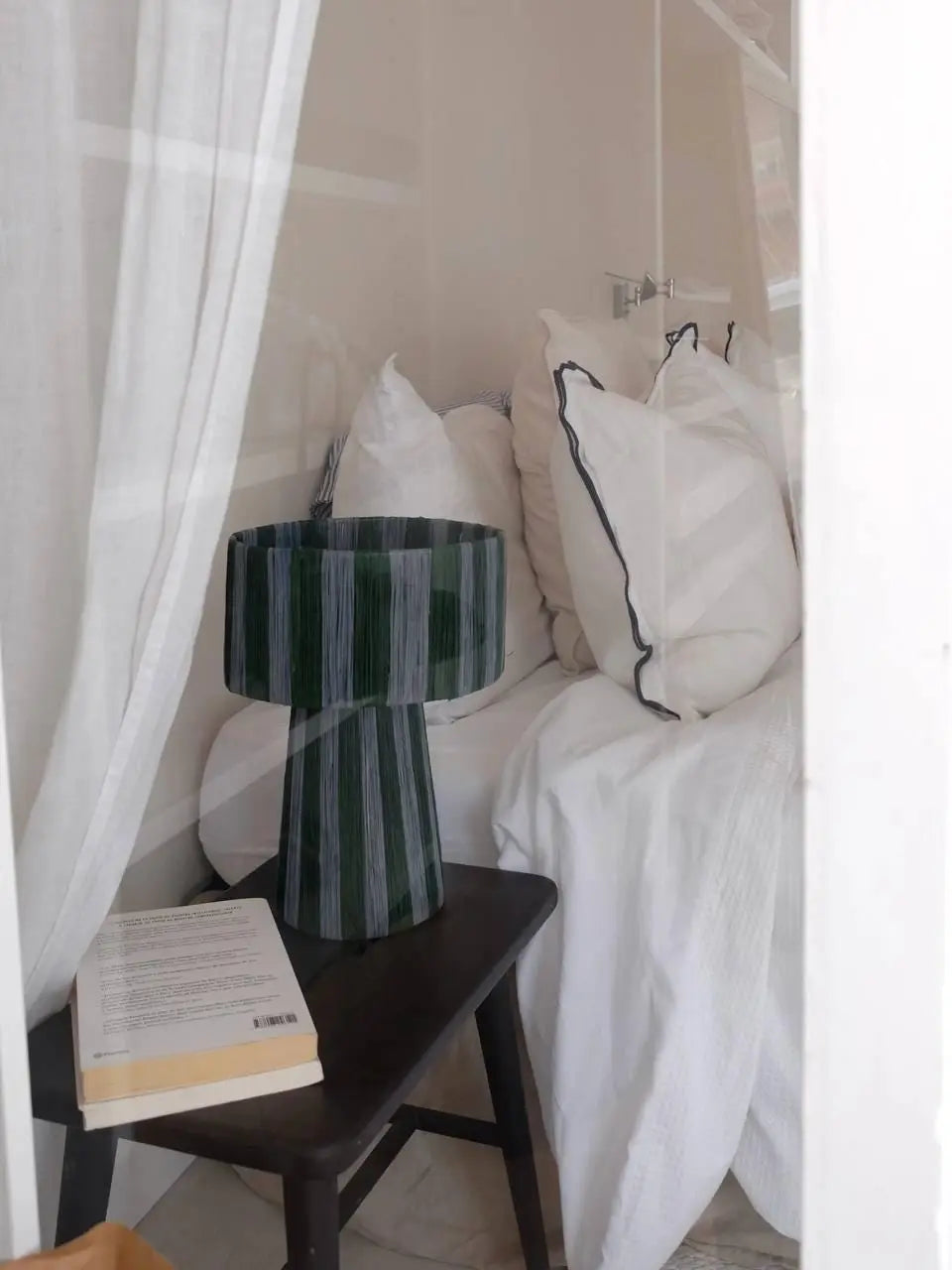 Handmade Raffia Pendant Light – Striped Green and Gray Mogadoro