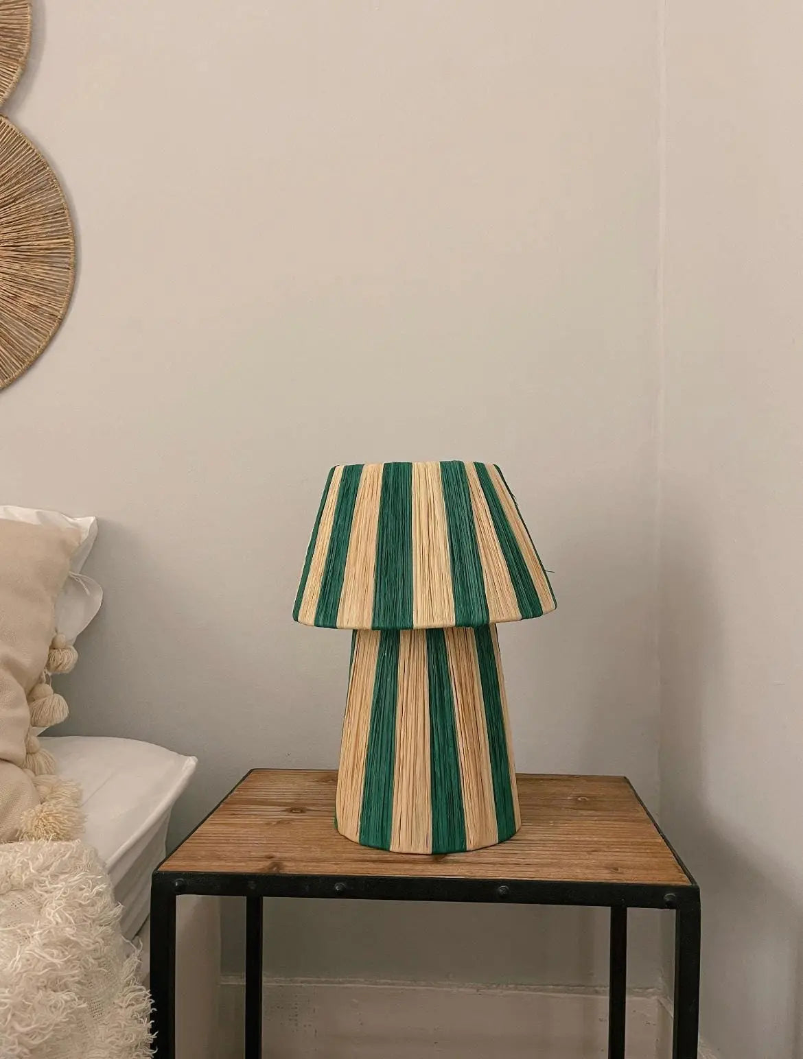 Striped raffia dome table lamp in green & blue, handwoven in Marrakech — Mogadoro