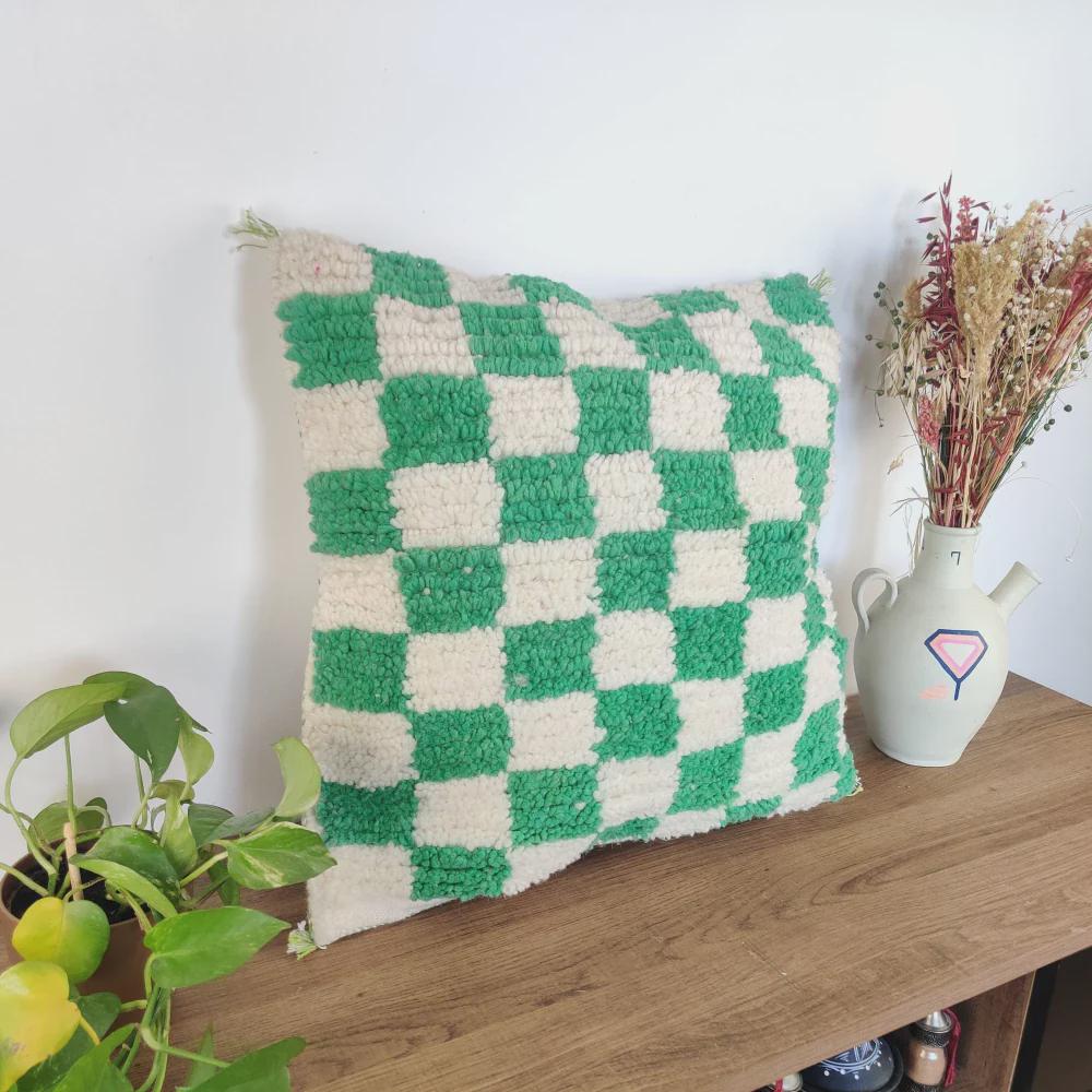 Moroccan Checkered Pillow Cover (Green & White)