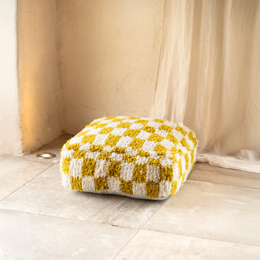 Checkered Wool Pouf - Square Moroccan Floor Cushion