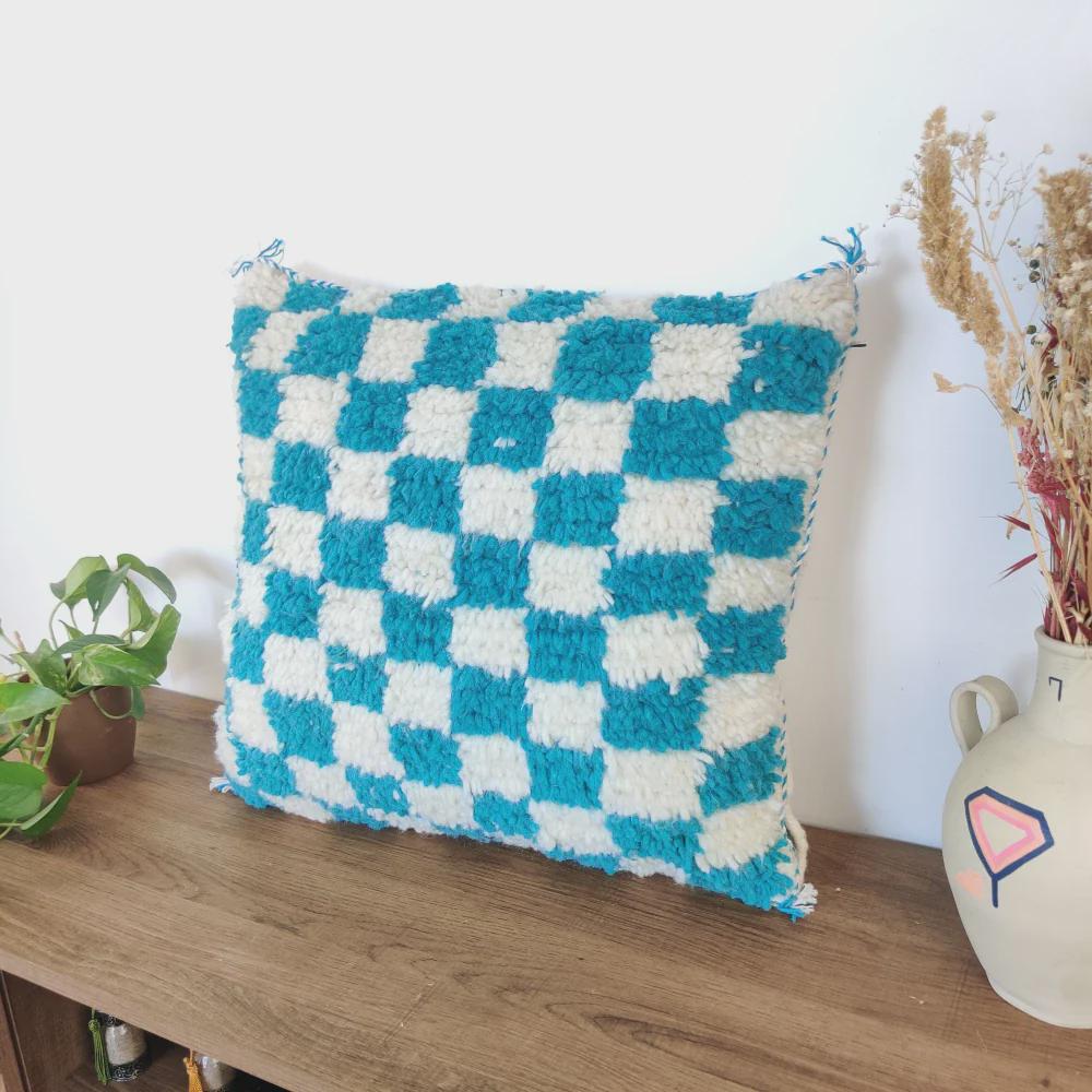 Moroccan Checkered Pillow Cover (Turquoise & White)