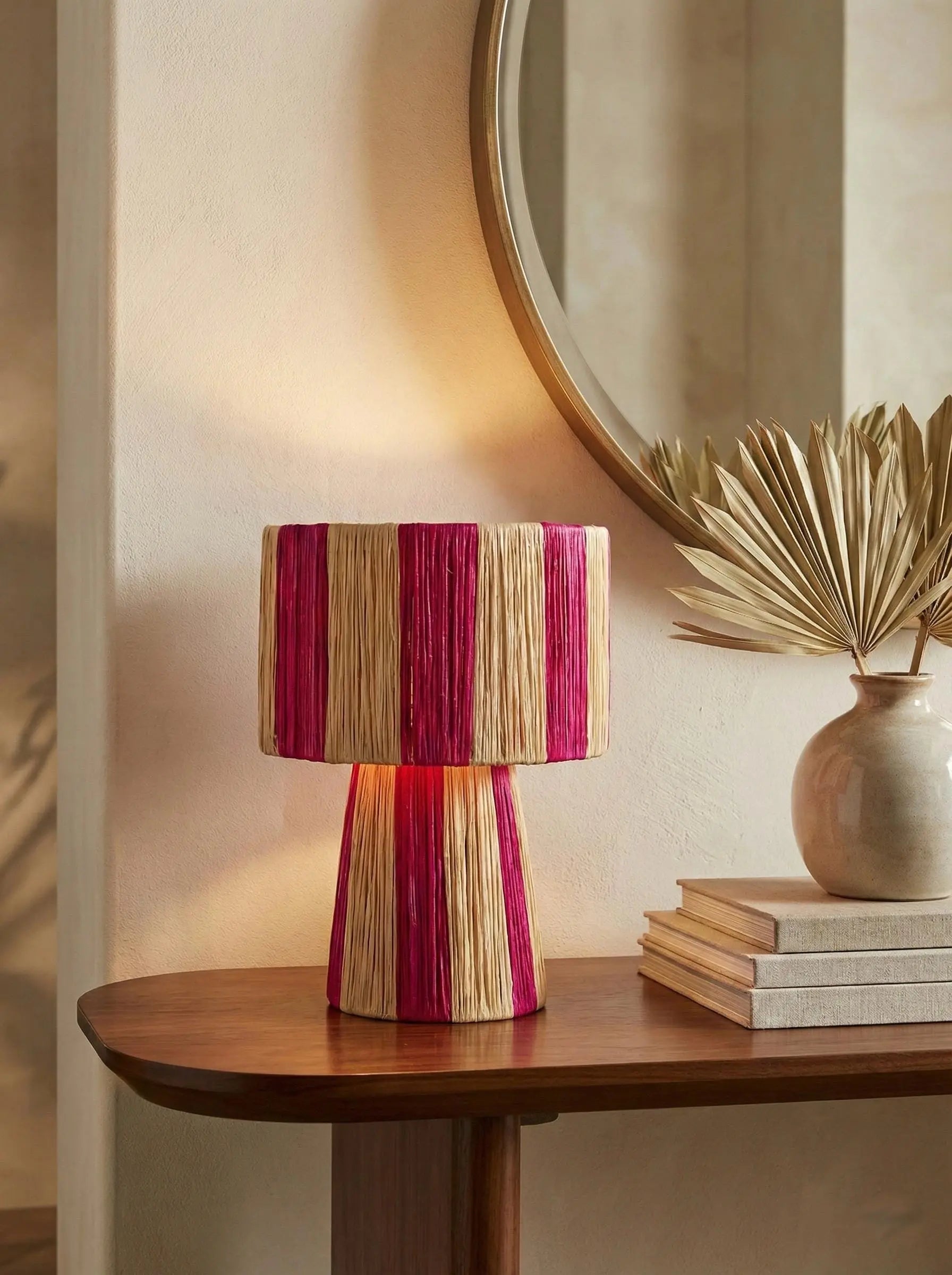 Natural Raffia Table Lamp - Pink Mogadoro