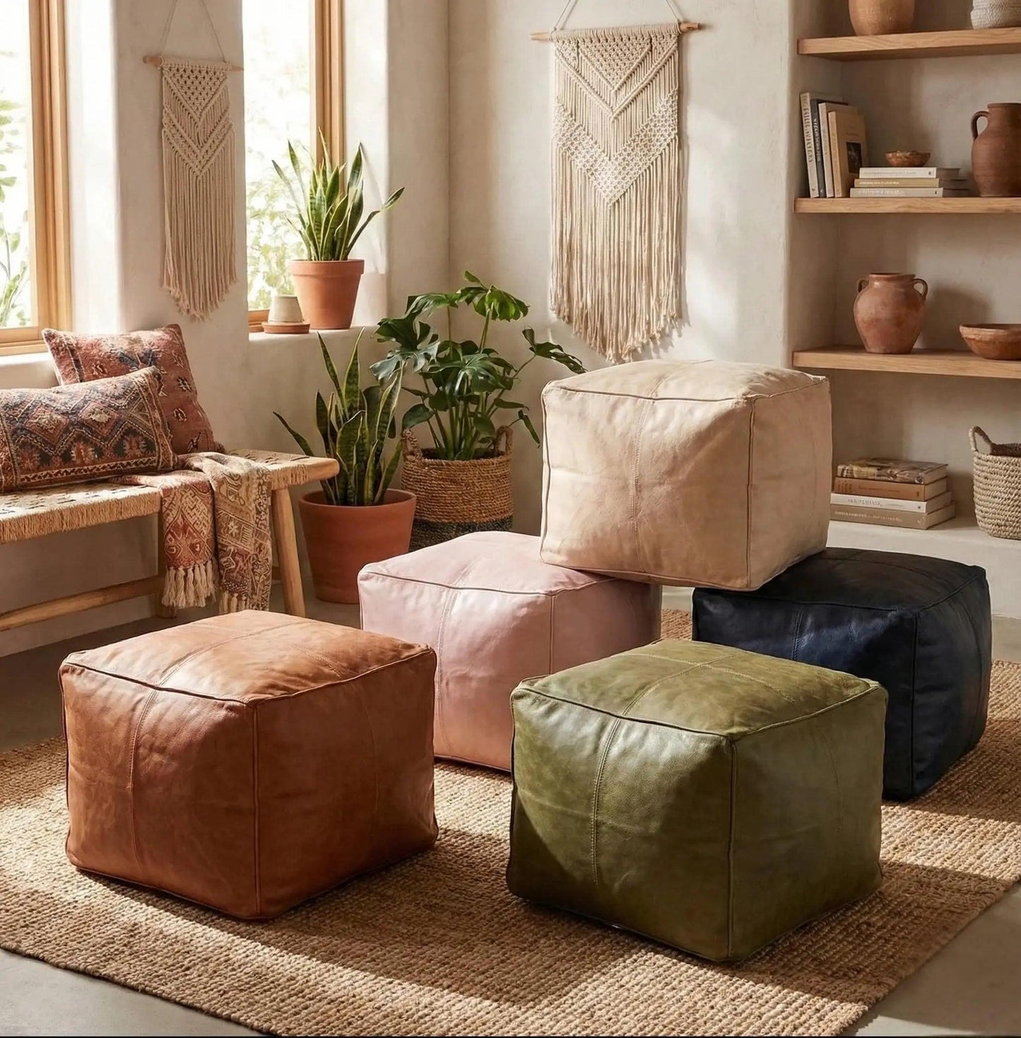 Handmade Leather Cube Footstool Boho Mogadoro