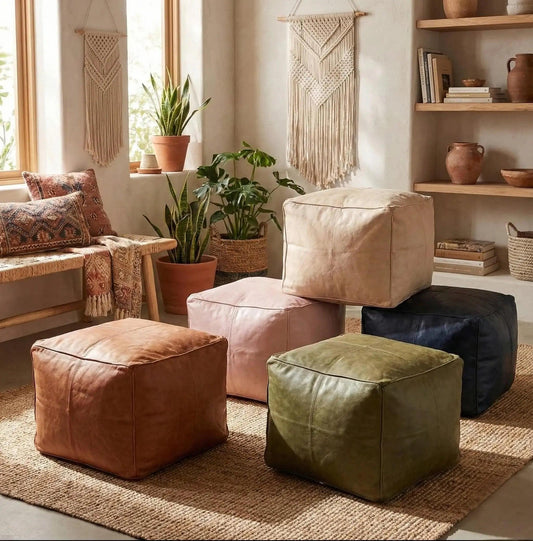 Handmade Leather Cube Footstool Boho Mogadoro