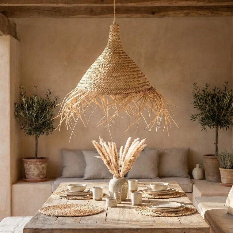 Cozy living room with rustic decor, including a woven pendant light, wooden coffee table, and potted plants.
