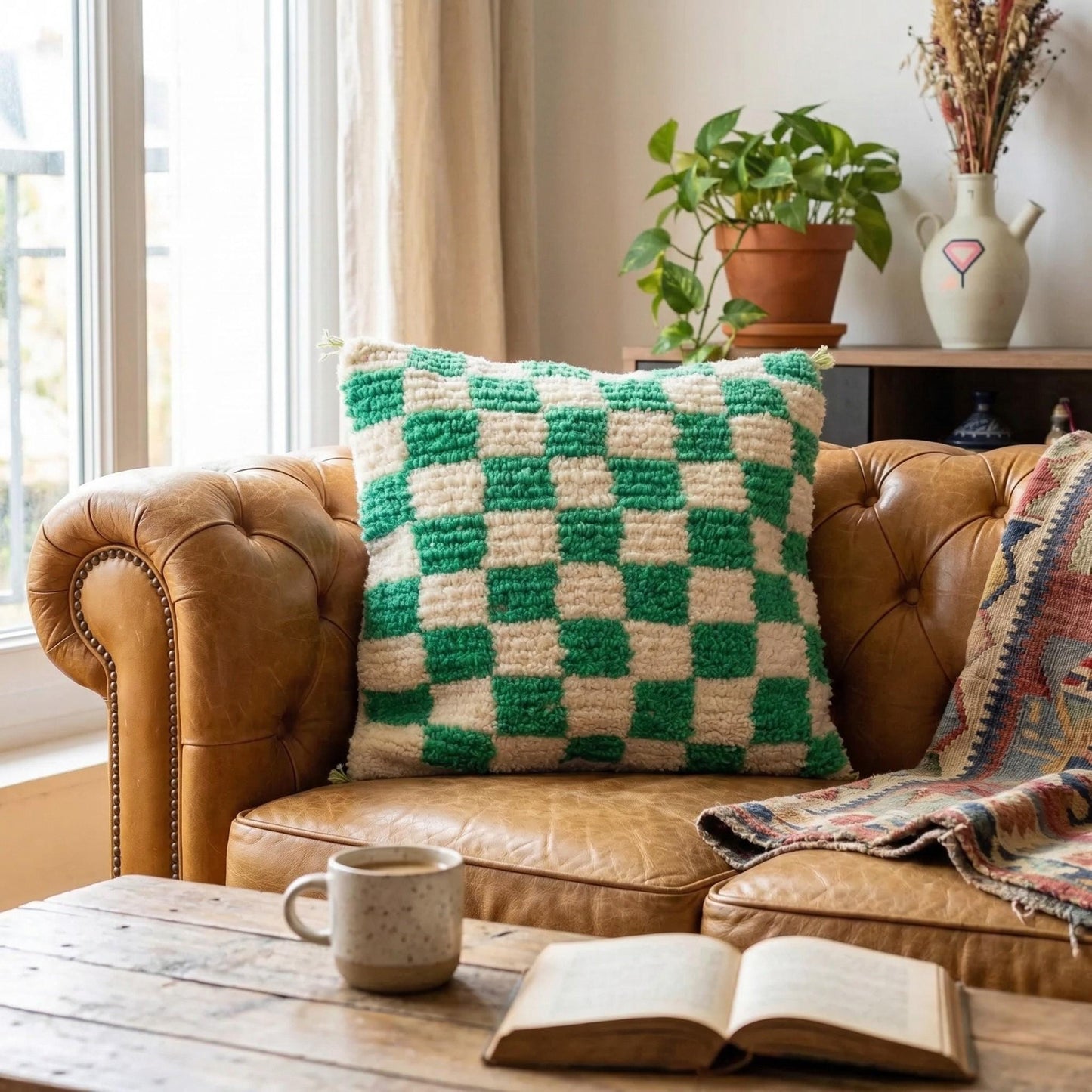 Moroccan Checkered Pillow Cover (Green & White)