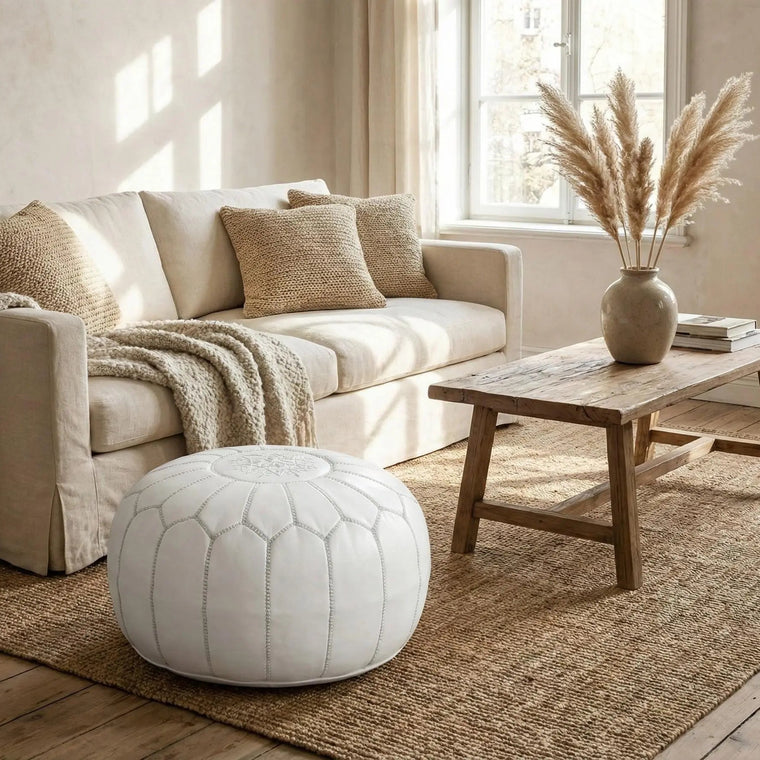 Handmade Moroccan leather pouf cover in White, round ottoman footstool with hand-stitched seams