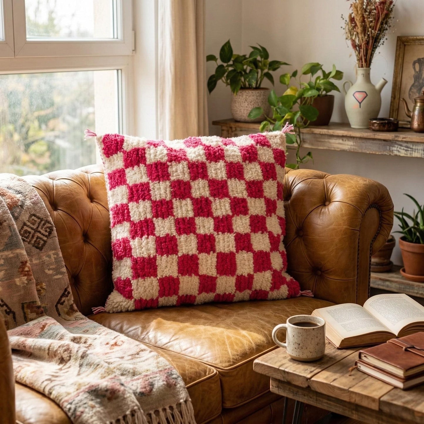 Moroccan Checkered Pillow Cover (Pink & White)