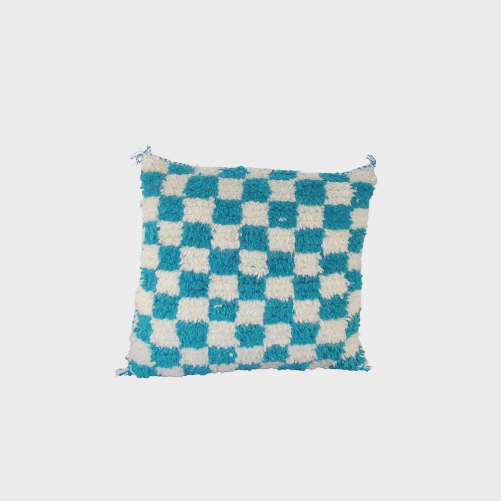 Moroccan Checkered Pillow Cover (Turquoise & White)