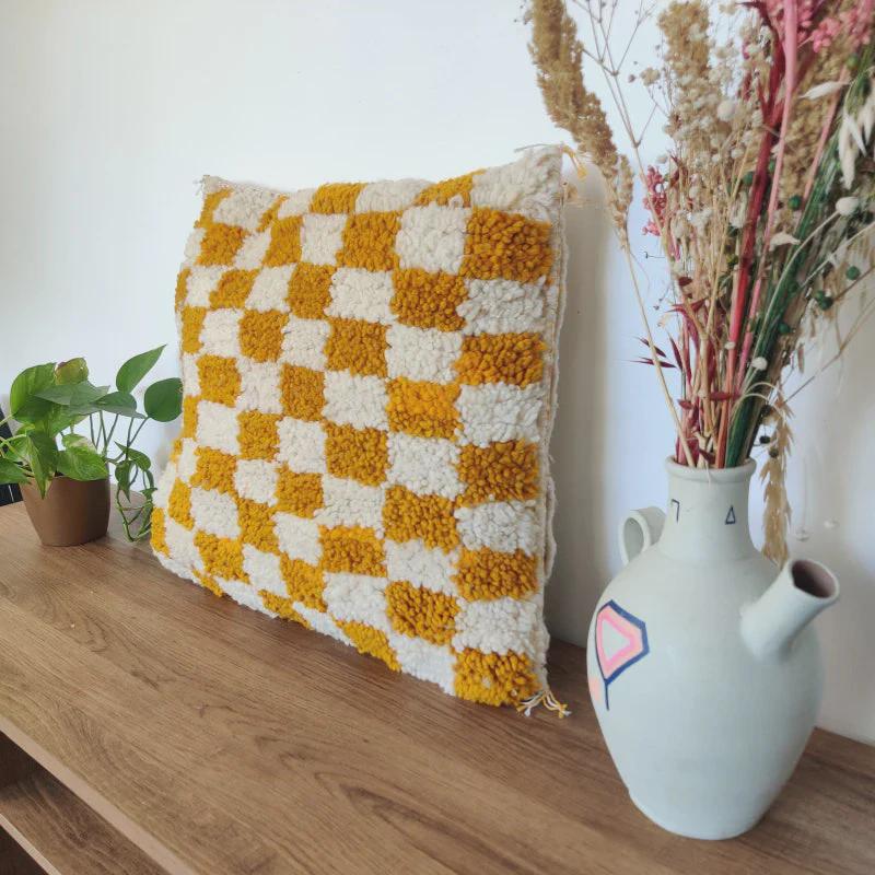 Moroccan Checkered Pillow Cover (Yellow & White)