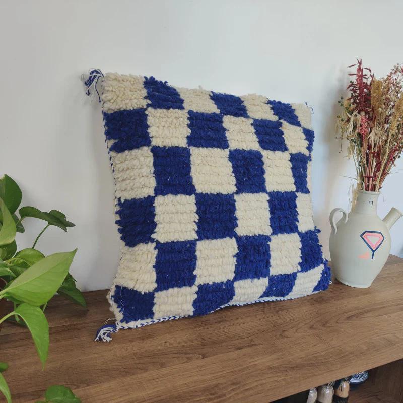 Moroccan Checkered Pillow Cover (Blue & White)