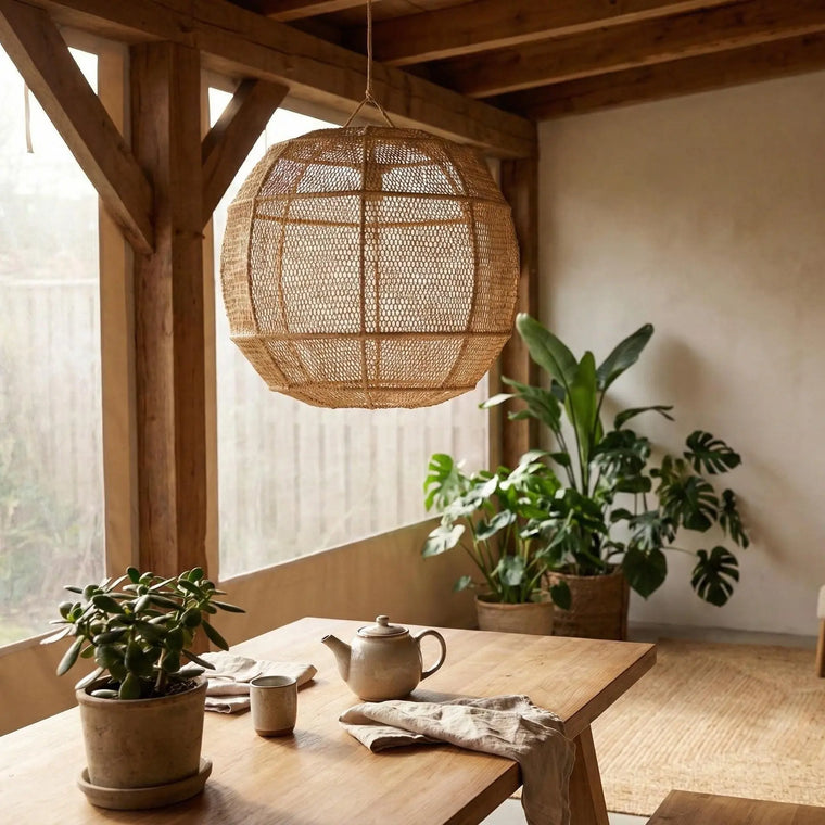Nestled in a wooden structure, a cozy room with a wooden table, chairs, plants, and a woven light fixture.