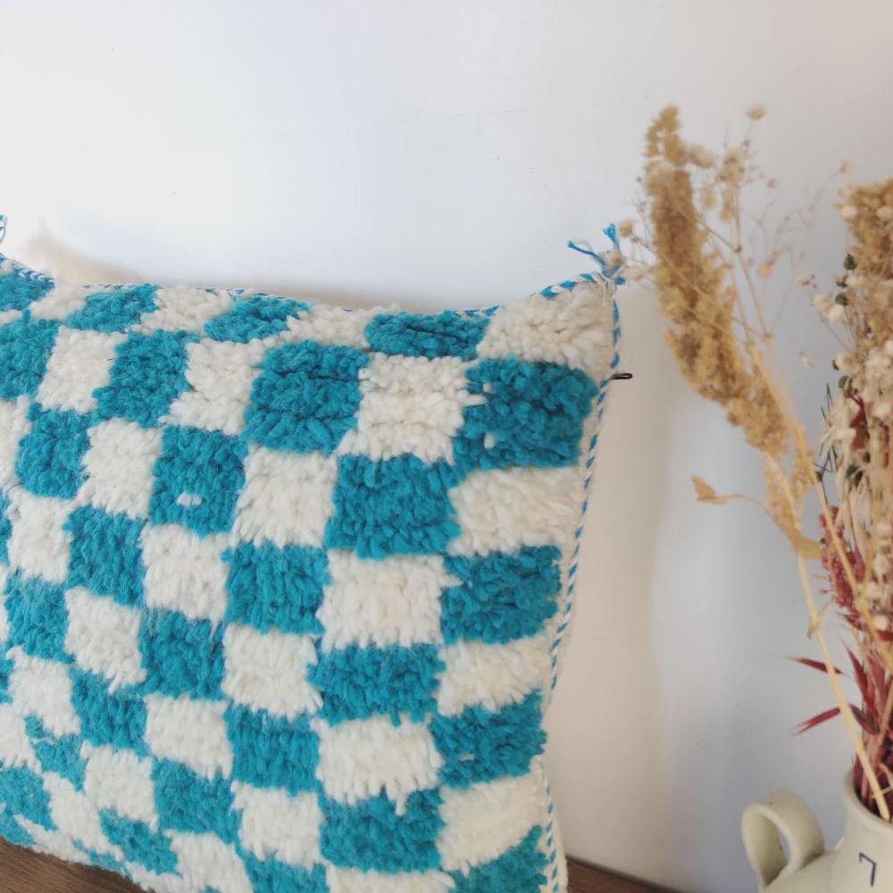 Moroccan Checkered Pillow Cover (Turquoise & White)