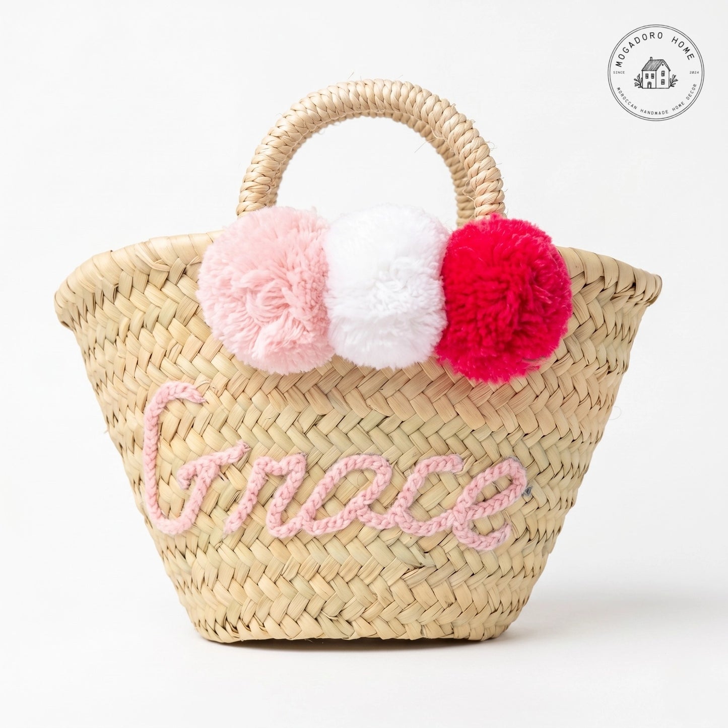 Personalized Mini Straw Basket with Pompoms
