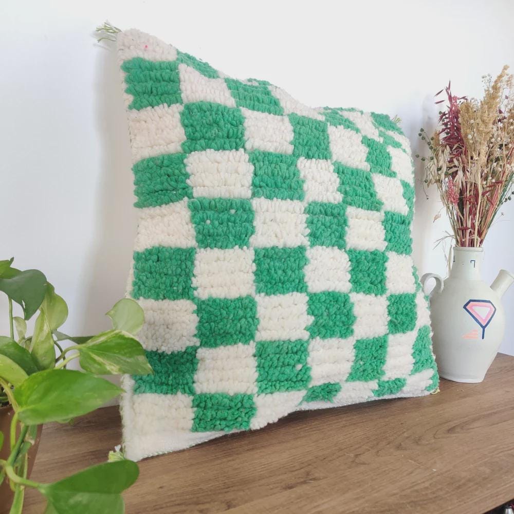 Moroccan Checkered Pillow Cover (Green & White)