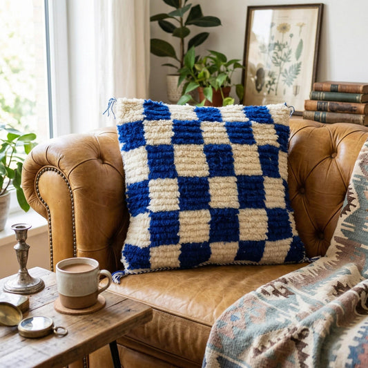 Moroccan Checkered Pillow Cover (Blue & White)