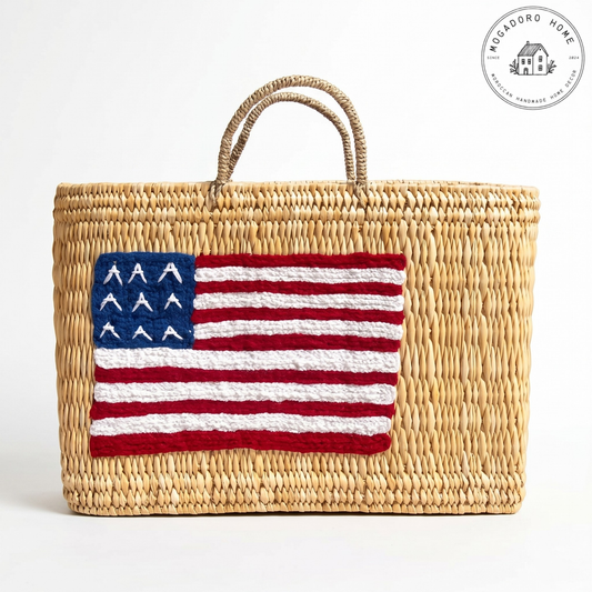 Amerikanische Flaggen-Strohtasche – Patriotischer Rattan-Marktkorb
