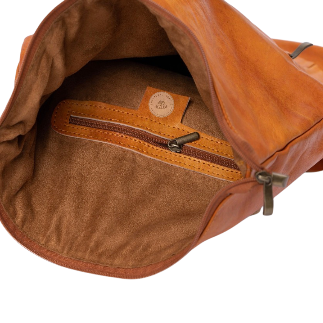 Camel Leather Roll Top Backpack